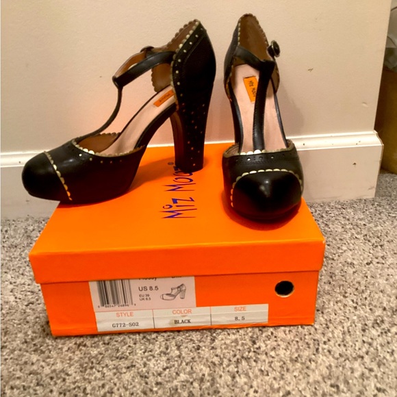 Miz Mooz, black Mary Jane heels with gold detailing, size 8.5 - Picture 1 of 4